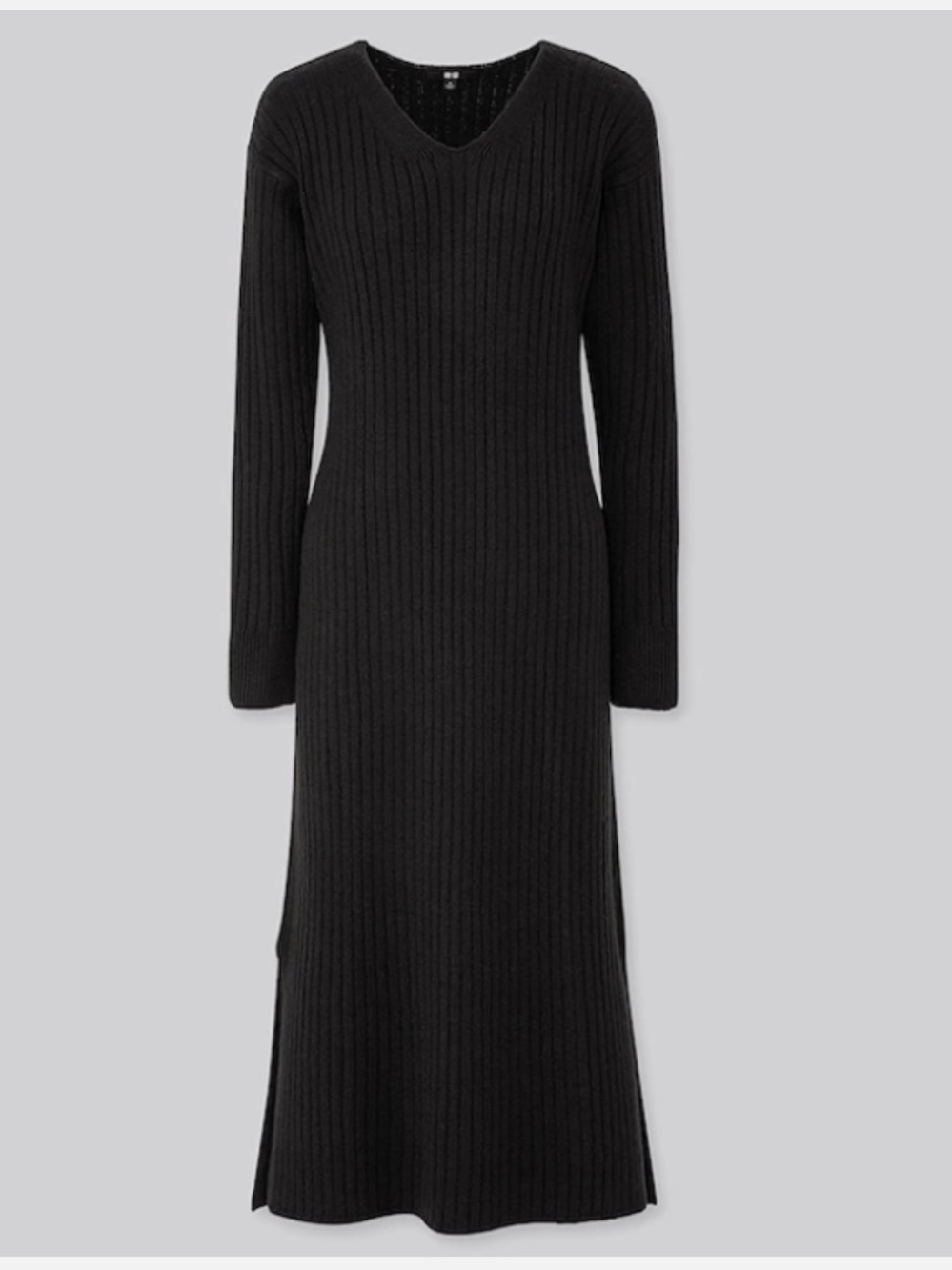 Uniqlo Black Ribbed V‑Neck Long Sleeve Knit Midi Dress - Wool Blend